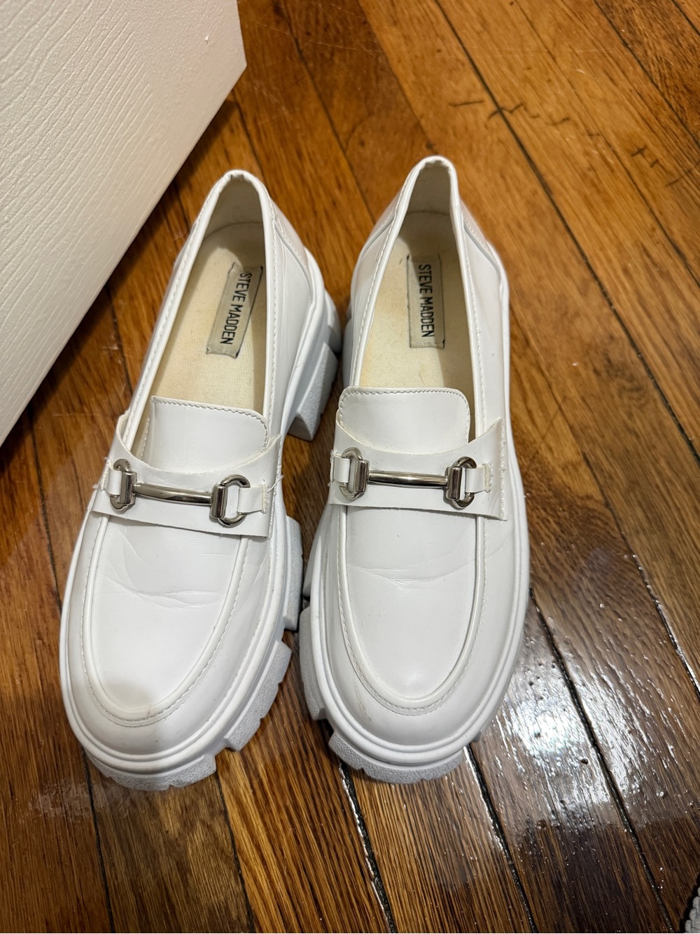 Steve Madden White Lug-Sole Loafers with Silver Bit